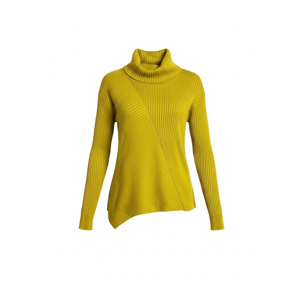 Cabi Cowl Neck Mixed Rib Asymmetrical Hem Sweater Chartreuse Yellow Small